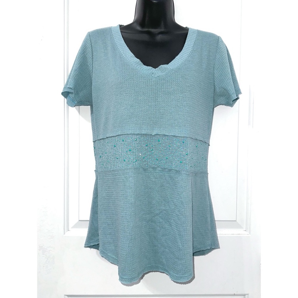 Vocal Blue waffle knit texture top, with an embellished band across midsection